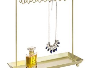 MyGift 14 Inch Brass Metal Jewelry Organizer Stand for Necklaces with 20 Hooks and Ring Tray
