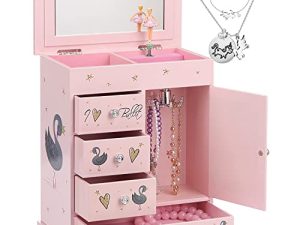 efubaby Large Jewelry Box for Girls 5 Layer Musical Box with Swing Door Spinning Ballerina