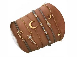 Aluinn Boho Rope Bracelet for Women Fashion Gold Moon Hand Catenary Star Lovr Hand Chain Pearl Bracelet Jewelry for Girls