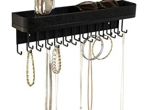 JACKCUBE DESIGN Aesthetic Hanging Jewelry Organizer Necklace Hanger Bracelet Holder Wall Mount Shelf Organizer with 25 Hooks Black Decor - MK124B