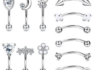 Suprsparkle 12Pcs 16G Hypoallergenic Stainless Steel Curved Barbell Eyebrow Rings For Women Men Rook Daith Cartilage Earrings Labret Lip Monroe Rings CZ Petite Belly Button Ring 8mm