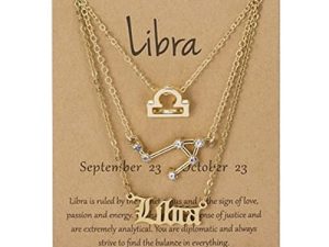 3Pcs Layered 12 Constellation Zodiac Pendant Necklace Set Retro Paper Card Letter Horoscope Floral Birth Month Clavicle Necklace for Women Girl Teen Friendship Jewelry Valentine's Day Gift