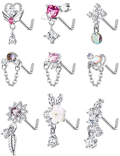 JOERICA 9 Pcs 20G Dangle Nose Rings Studs for Women Stainless Steel L Shaped Nose Studs Heart Arrow Feather Snowflake Wing CZ Dangling Nose Piercing Jewelry JOERICA 9 Pcs 20G Dangle Nose Rings Studs for Women Stainless Steel L Shaped Nose Studs Heart Arrow Feather Snowflake Wing CZ Dangling Nose Piercing Jewelry