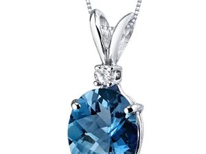 Peora London Blue Topaz with Diamond Solitaire Pendant for Women 14K White Gold