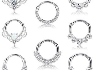 LOYALLOOK 8PCS 16G Septum Clicker Ring Stainless Steel CZ Opal Cartilage Helix Tragus Hoop Daith Earrings Nose Rings Hoop Hinged Segment Clicker Ring Piercing Jewelry
