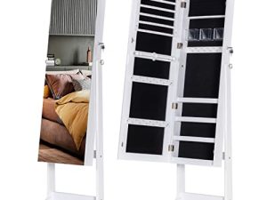 Lavievert Jewelry Cabinet Standing Lockable Jewelry Armoire Jewelry Display Organizer with 47.2in Frameless Full-Length Mirror