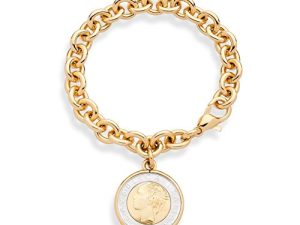 Miabella 18K Gold over Bronze Italian Genuine 500-Lira Coin Charm Rolo Link Chain Bracelet for Women Made in Italy