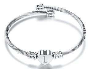 VQYSKO Silver Heart Initials Bracelet-A-Z Stainless Steel Engraved Charm Bracelet