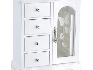 RR ROUND RICH DESIGN Jewelry Box - Made of Solid Wood with 4 Drawers Organizer and Built-in Necklace Carousel and Large Mirror White