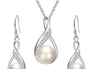 EleQueen 925 Sterling Silver CZ Freshwater Cultured Pearls Bridal Pendant Necklace Earrings Wedding Jewelry Sets