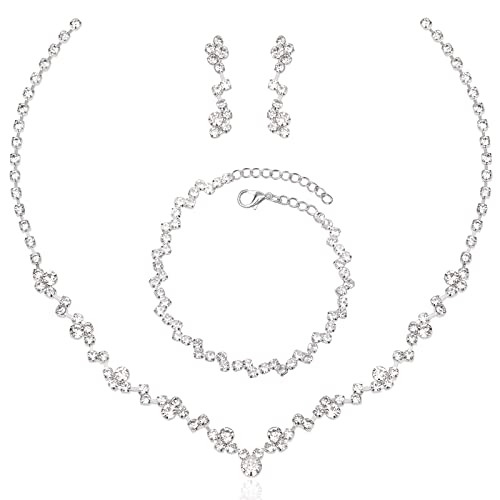 Silver Necklace Earrings Bracelet Crystal Bridal Wedding Jewelry Sets for Brides Bridesmaid Prom Costume Accessories for Women Silver Necklace Earrings Bracelet Crystal Bridal Wedding Jewelry Sets for Brides Bridesmaid Prom Costume Accessories for Women