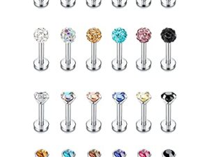 Suprsparkle 24 Pcs 16G Hypoallergenic Stainless Steel Labret Lip Monroe Medusa Stud Piercing For Women Men 3mm Cubic Zirconia Forward Helix Earrings Cartilage Tragus Piercing 6mm 8mm