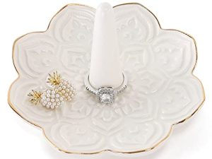 RUIMIC Ceramic White Mandala Jewelry Holder Decorative Ring Holder/Trinket Tray Valentine's Day Engagement Wedding Birthday Gifts for Women Her