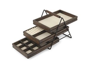 Umbra Terrace Tier Jewelry Three Sliding Linen Lined Wood Trays with Metal Frame and Handle