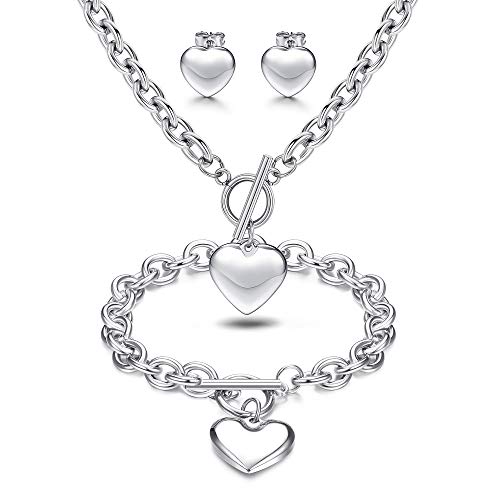 LOYALLOOK 3Sets Heart Pendant Necklace Toggle Chain Heart Bracelet Heart Stud Earrings for Women Stainless Steel Charm Love Heart Jewelry Set for Halloween Day LOYALLOOK 3Sets Heart Pendant Necklace Toggle Chain Heart Bracelet Heart Stud Earrings for Women Stainless Steel Charm Love Heart Jewelry Set for Halloween Day