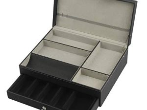 JACKCUBE DESIGN Night Stand Organizer men Black Leather Jewelry Box Catch all Valet Tray Storage Case