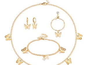 Florideco 4Pcs 14K Gold Plated Butterfly Choker Necklace Earrings Bracelet Ring Set for Women Ladies Gift Jewelry Dainty Chain Butterfly Pendant Necklace Cute Drop Dangle Hoop Earrings Rose Gold