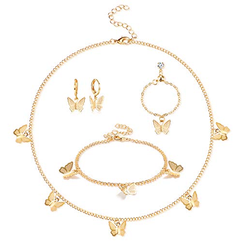 Florideco 4Pcs 14K Gold Plated Butterfly Choker Necklace Earrings Bracelet Ring Set for Women Ladies Gift Jewelry Dainty Chain Butterfly Pendant Necklace Cute Drop Dangle Hoop Earrings Rose Gold Florideco 4Pcs 14K Gold Plated Butterfly Choker Necklace Earrings Bracelet Ring Set for Women Ladies Gift Jewelry Dainty Chain Butterfly Pendant Necklace Cute Drop Dangle Hoop Earrings Rose Gold