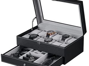 BEWISHOME Watch Box Organizer Case 12 Mens Jewelry Display Drawer w/Adjustable Tray Glass Top Black PU Leather SSH02B