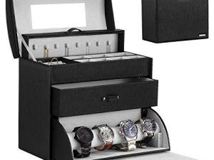 Homde Jewelry Display Box for Men Women Necklace Sunglasses Fully Locking with Watch Hanger Bracelet Holder Mirror