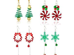 4/12 Pairs Christmas Dangle Earrings for Women Girls Christmas Tree Jingle Bell Snowflake Garland Earrings Gift Set for Christmas Holiday Party Decorations