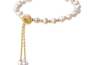 Cowlyn Pearl Bracelet Chain Link Baroque Culture Bossimi 14K Gold Filled Adjustable Fashion Valentine Charm Dainty Handmade Jewelry for Women Wife Girls Mother（with Gift Box）