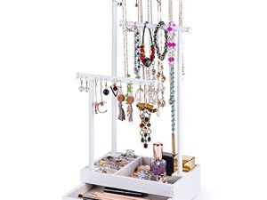 Love-KANKEI Necklace Holder Jewelry Tree Stand Adjustable Height with Large Storage for Necklaces Bracelets Earring Rings Drawer Jewelry Organizer Jewelry Display White and White