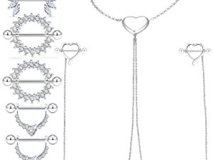 Vqoxaggi 14G Nipple Rings for Women Surgical Steel Nipple Piercing Jewelry Chain Nipple Ring with Choker Necklace Heart Nipple Piercing Barbell