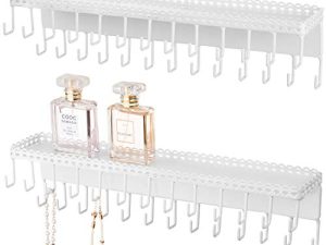 MyGift White Metal Wall-Mounted Jewelry Hanging Shelf with 26 Necklace Hooks
