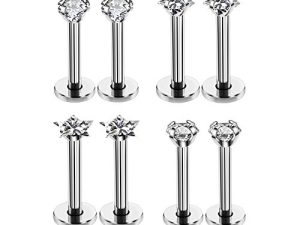 16G Love/Star/Square/Round Shape Clear CZ Labret Monroe Lip Ring Tragus Nail Helix Earring Stud Piercing Jewelry Surgical Stainless Steel Bar 8mm CZ 3mm 4 Pairs
