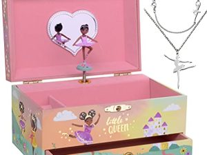 Jewelkeeper Ballerina Music Box & Little Girls Jewelry Set - 3 Ballerina gifts for Girls - Little Queen Design
