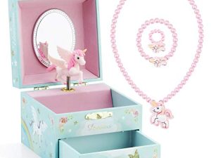 Kids Musical Jewelry Box for Girls with Drawer and Jewelry Set with Magical Unicorn - Blue Danube Tune Blue