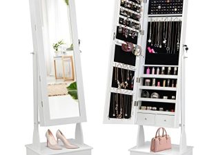 CHARMAID 6 LEDs Rolling Jewelry Cabinet with High Full Length Mirror