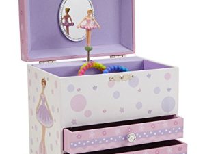 Jewelkeeper White and Purple Ballerina Musical Jewelry Box with 2 Pullout Drawers