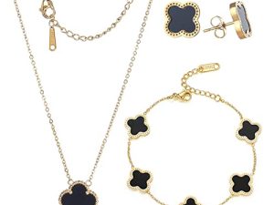 18k Gold Plated Lucky Clover Sets Bracelets Earring Necklace Pendant for Women Fashion Cute Simple Jewelry Womens Girls Gift