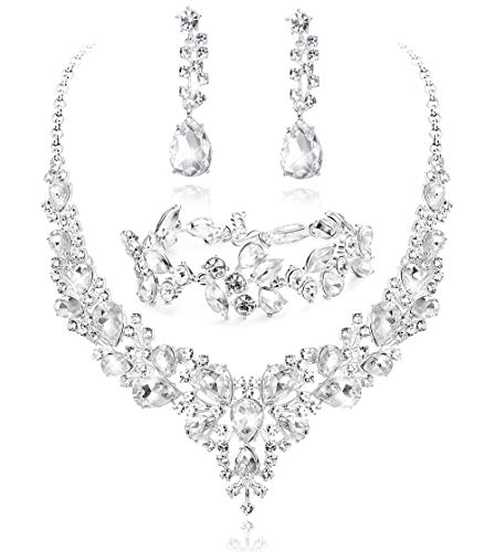 LOYALLOOK Crystal Bridal Jewelry Set for Women Rhinestone Necklace Earrings Bracelet Wedding Bridesmaid Gifts fit with Wedding Dress LOYALLOOK Crystal Bridal Jewelry Set for Women Rhinestone Necklace Earrings Bracelet Wedding Bridesmaid Gifts fit with Wedding Dress