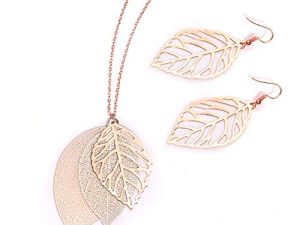 NVENF Leaf Earrings and Long Necklaces Set for Women Boho Gold-tone Multi Tiered Leaves Delicate Chain Dangle Necklace SimpleLeaf Statement Dangling Earrings