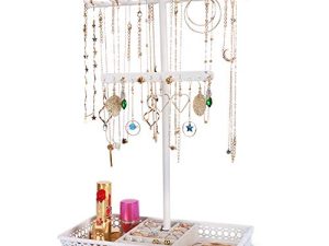 Meangood Jewelry Tree Stand Organizer 3in1 Necklace Organizer Display Bracelet Earrings and Ring Tray Jewelry Holder Hanger Metal（White）