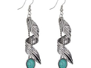 Women Girls Bohemia Tribal Antique Silver Leave Dangle Earrings Vintage Feather Turquoise Bead Drop Earrings Nickel Free