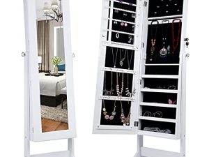 Lockable Jewelry Armoire Large Jewelry Cabinet with Standing Mirror Jewelry Holder Organizer Storage