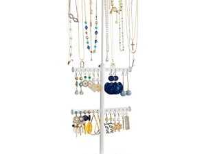 Ekero Jewelry Organizer Stand Necklace Organizer Adjustable Height Jewelry Holder Large Capacity Necklace Earring Holder Ring Bracelet Display 3-in-1 Matte White