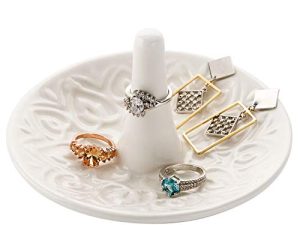 MyGift Decorative White Ceramic Ring Tray for Jewelry