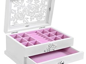SONGMICS Girls Jewelry Box Wooden Flower Carving Organizer Storage Case 2 Tier with Drawer DIY