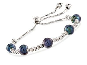 Ross-Simons 7-7.5mm Black Cultured Pearl and Sterling Silver Bead Bolo Bracelet