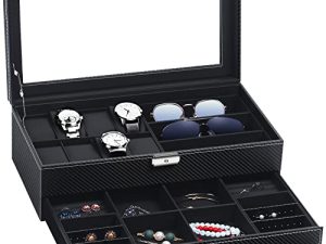 TomCare Watch Box Watch Case Weave Pattern Jewelry Box Lockable Watch Case with Drawer Sunglasses Holder Earrings Storage PU Leather Jewelry Organizer with Glass Top for Men Women (Black)