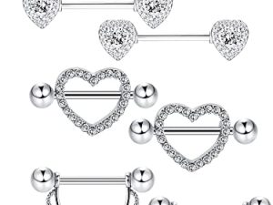 Tatuo 4 Pairs Stainless Steel Nipple Rings Tongue Ring Piercing Body Jewelry Barbell CZ Heart Shape Rings for Women Girls