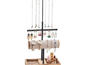 Jewelry Organizer Stand Necklace Holder - MXARLTR Jewelry Holder Display Earring Bracelet Holder Wooden Jewelry Tree Stand Ring Watch Storage Jewelry Tower Rack for Women Girls (Carbonized Black)