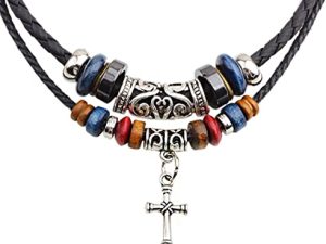 Braided Leather Necklace Vintage Style Double Layers Black Tribal Necklace with Charm Cross Pendant