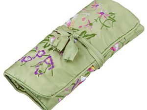 TUMBEELLUWA Embroidery Travel Jewelry Bag Roll Embroidered Flower and Bird Brocade Organizer with Tie Close