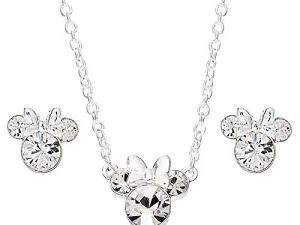 Disney Womens Crystal Minnie Mouse Necklace and Stud Earrings- Silver Plated Minnie Mouse Earrings and Matching Necklace Jewelry